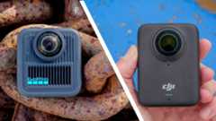 GoPro Max 2 camera sitting on rusty chains, alongside DJI Osmo 360 stood on a blue-painted wall