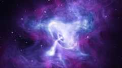 Glowing swirls of white symbolize a pulsar at the heart of clouds of blue and purple gas that show the Crab Nebula. 