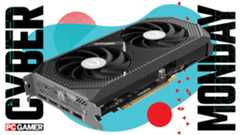 An image of a Zotac graphics card against a colourful background, overlaid against a Cyber Monday and PC Gamer set of logos, on either side of the main image.