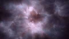 Glowing balls of purplish whitish gas are seen in the darkness of space around a white dwarf cocoon