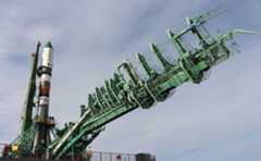 A Russian Soyuz rocket carrying the Progress 79 cargo ship stands poised to launch toward the International Space Station from Baikonur Cosmodrome, Kazakhstan on Oct. 27, 2021.