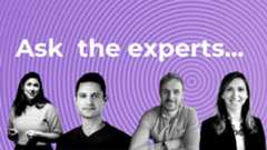 Headshots of website builder experts with a purple spiral background and white text over the top. 