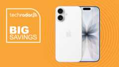 Apple iPhone 17 on orange background with big savings text overlay