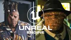 Unreal Engine logo and screenshots from MindsEye and Fantastic Four showing Unreal Engine 5 optimisation problems