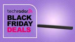 Sony HT-S100F soundbar on purple background with words 'TechRadar: Black Friday deals'