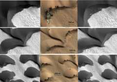 This time-series of black and white and false-color images, from left to right at three sites in a field of transverse sand dunes on Mars, shows that extensive erosion has taken place in one Mars year.