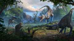 Artist illustration of a pack of Nanotyrannus attacks a juvenile T. rex