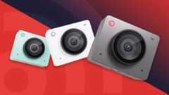Three Obsbot Meet SE webcams in different colors arrayed on a red and blue background with the TechRadar logo.