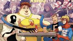 The Great Lakes Avengers sitting around a table in a diner