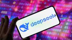 DeepSeek logo on smartphone in front of computer data 