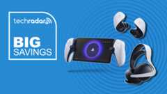 A PS Portal, PS Pulse Elite headset, and PS Pulse Explore earbuds against a blue background