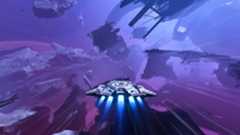 a futuristic spaceship flies through the wreck of a giant structure