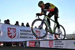 Belgian Thibau Nys pictured in action during the men elite race at the World Cup cyclocross cycling event in Tabor, Czech Republic, stage 1 (out of 12) of the UCI World Cup cyclocross competition, Sunday 23 November 2025.BELGA PHOTO DAVID PINTENS (Photo by DAVID PINTENS / BELGA MAG / Belga via AFP)