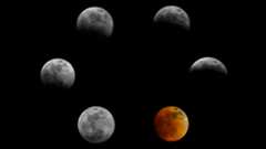 A composite image showing six full moons in a circle, with each displaying a phase of the eclipse with the bottom right one being bright orange