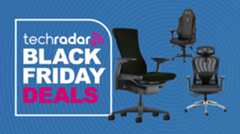Herman Miller Embody, Boulies EP200, and Secretlab Titan office chairs on a blue background next to a TechRadar badge reading 'Black Friday deals'