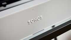 Sonos Ray on glass shelf in living room