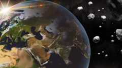 An illustration shows a field of tiny space rocks with Earth in the background