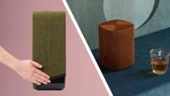 A green soundskin being pulled over a Sonos Sub, next to an image of a stylish copper Soundskin covering a Sonos One speaker