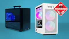 The Velocity Micro Raptor ES40 and HP Omen 35L gaming PCs on a blue background with the PC Gamer recommended badge in the top right corner