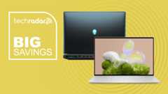 Dell XPS 13 and Alienware gaming laptop on yellow background with big savings text overlay