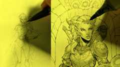 Images show steps from a drawing tutorial on how to draw a fantasy character with pencils, pens and markers