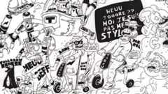 Ink line art showing a busy scene with humanised animal characters on scooters and text in French