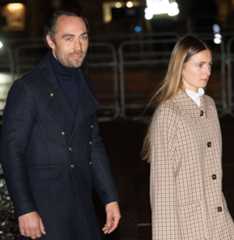 James Middleton wearing a blue coat next to Alizee Thevenet in a plaid suit