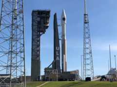 A United Launch Alliance Atlas V rocket carrying the SBIRS Geo-5 missile detection satellite for the U.S. Space Force stands atop Launch Complex 41 at the Cape Canaveral Space Force Station in Florida.