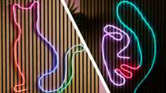 This split image shows the Nanoleaf rope light in the shape of a cat on the left, and the Govee rope light in the shape of a woman&#039;s face on the right.