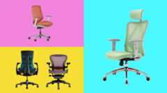 Four photos of my favourite office chairs on a multi-coloured, boxed background. 