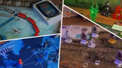 Ticket to Ride, Pandemic, Disney Villainous, and Gloomhaven: Jaws of the Lion pieces divided by white lines