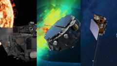 From left to right, NASA’s Carruthers Geocorona Observatory, IMAP (Interstellar Mapping and Acceleration Probe), and the National Oceanic and Atmospheric Administration’s (NOAA) Space Weather Follow On-Lagrange 1 (SWFO-L1) missions will map our Sun’s influence across the solar system in new ways.