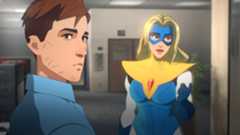 Robert, the protagonist of Dispatch, looks over his shoulder while in conversation with a superheroine.
