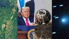 Four images next to each other, from left to right an image of a green and brown Earthen landscape, a photo of president Trump wearing a red tie and black suit, a photo of a metal ball with wires coming out and a glowing blue light in a deep space image