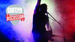 A silhouette of a guitar player on stage with the 'Guitar World Discussion' badge overlaid