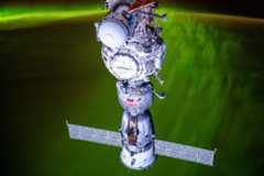 The Russia Soyuz spacecraft in front of an aurora, as captured by NASA astronaut Matthew Dominick on the International Space Station during Expedition 71 in 2024.