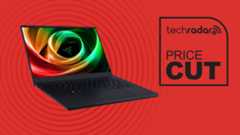Razer Blade 14 (2025) Gaming Laptop NVIDIA GeForce RTX 5060 on red background with TechRadar price cut sign