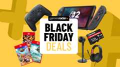 Nintendo Switch 2 console, games, and accessories on a yellow background with Black Friday deals badge