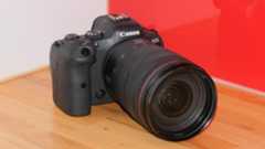 The Canon EOS R6 full-frame mirrorless camera. This shot shows it from the front, with the 27-70mm lens attached