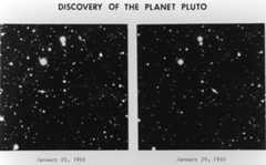 two images of the night sky with white arrows labelling Pluto.