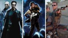 Split image showing three sci-fi action movies: The Matrix, Aliens, and Terminator 2: Judgment Day