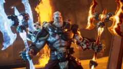 Borderlands 4 Amon builds: An upper-body shot of Amon gleefully holding two massive axes in either hand, one fire and the other ice.