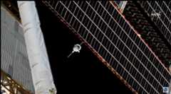 A view of the Soyuz MS-20 capsule flying near the International Space Station before docking on Dec. 8, 2021.