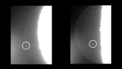 two panel image showing a bright flash on the moon with a circle around it highlighting the location.