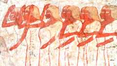 Polychrome wall painting from the tomb of Userhat, royal scribe and noble in 13th century BC Egypt. The scene depicts women and girls mourning the death of Userhat.