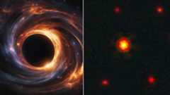 (Left): An illustration of a feeding supermassive black hole. (Right) The "red dots" identified in the region of the sky around the quasar J1030. BiRD is the object in the center: it stands out from the other red dots because it is closer and, therefore, brighter