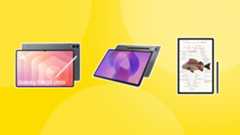 Three of the best tablets with a stylus included on a bright yellow background