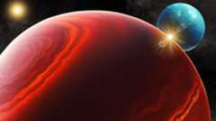 An illustration showing the gas giant planet HD 206893 B and its potential exomoon