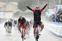 SAINT-VICTORET, FRANCE - FEBRUARY 13: Arnaud Tendon of Switzerland and Team Van Rysel Roubaix celebrates at finish line as stage winner during the 10th Tour de la Provence 2026, Stage 1 a 163km stage from Marseille to Saint-Victoret on February 13, 2026 in Saint-Victoret, France. (Photo by Billy Ceusters/Getty Images)