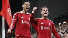 Alexis Mac Allister and Hugo Ekitike of Liverpool celebrate 1st goal during the UEFA Champions League 2025/26 League Phase MD4 match between Liverpool FC and Real Madrid C.F. at Anfield on November 4, 2025 in Liverpool, England.